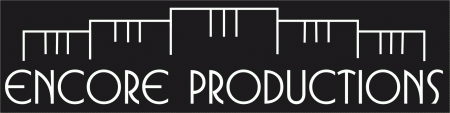 Logo for Encore Productions featuring white text underneath a minimalist stage curtain graphic for the Elbert Theatre.