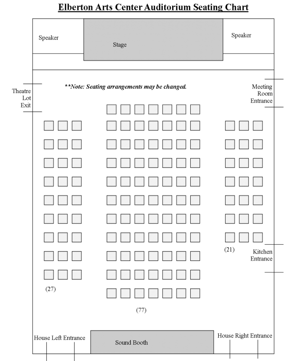 Seating chart for the Elberton Arts Center auditorium, showing the stage, sound booth, and row layout for those interested in Elbert Theatre rentals.