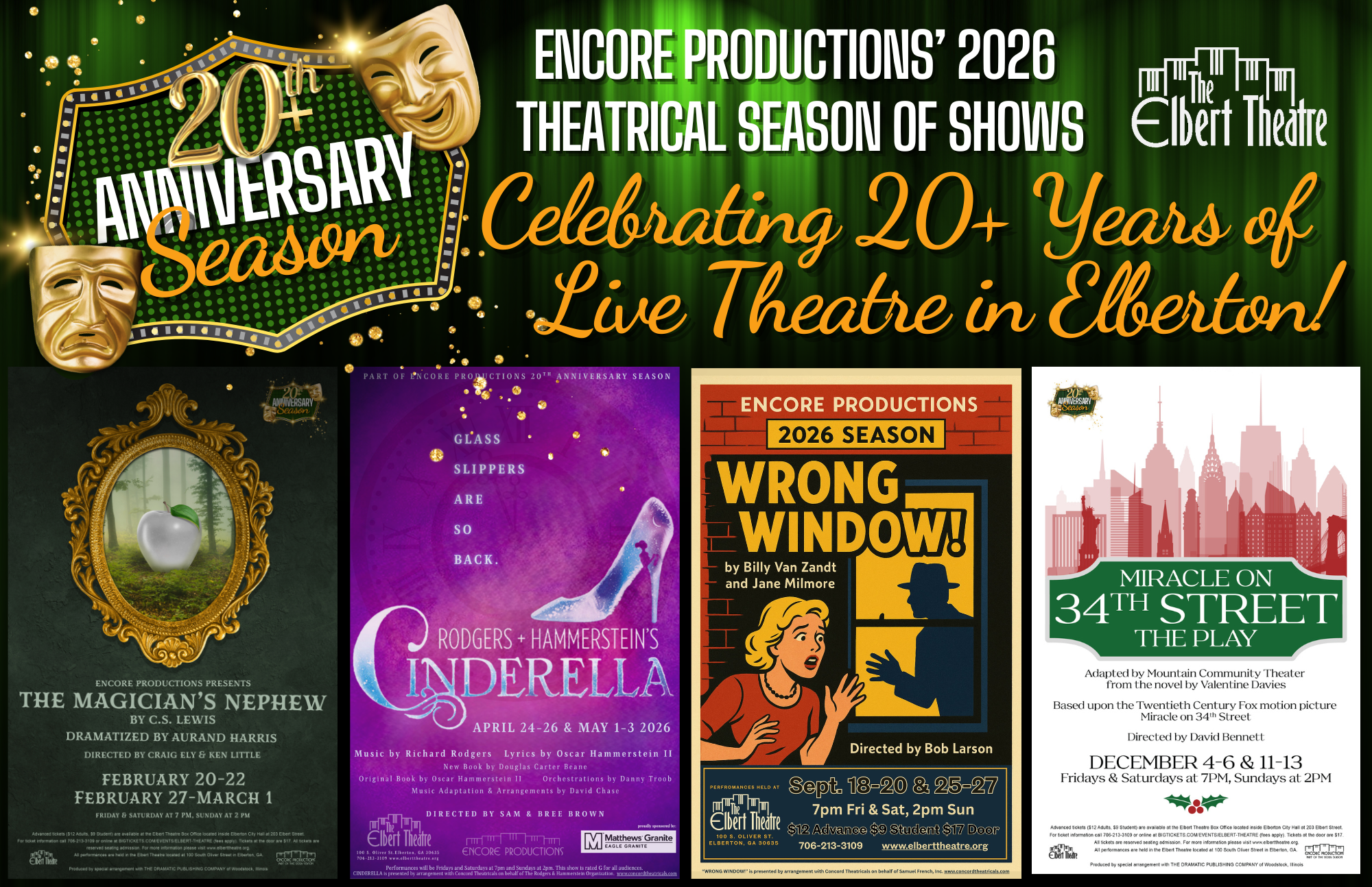 Encore Productions’ 2026 theatrical season poster at the Elbert Theatre, featuring “The Magician’s Nephew,” “Cinderella,” “Wrong Window!,” and “Miracle on 34th Street” with performance dates and ticket information.