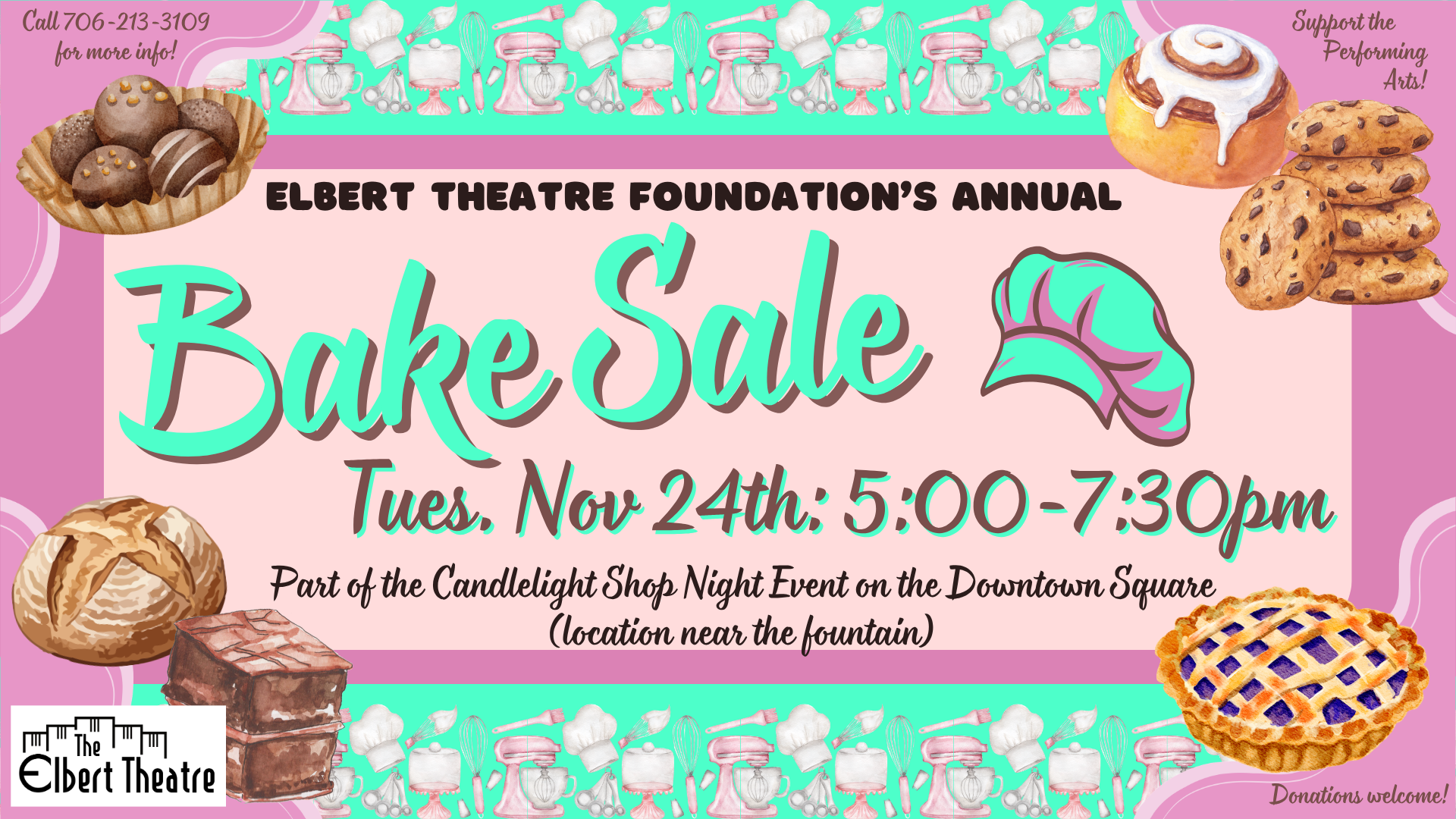 Flyer for the Elbert Theatre annual bake sale on Tuesday, Nov 24th from 5:00-7:30pm at the downtown square, featuring illustrations of assorted baked goods.