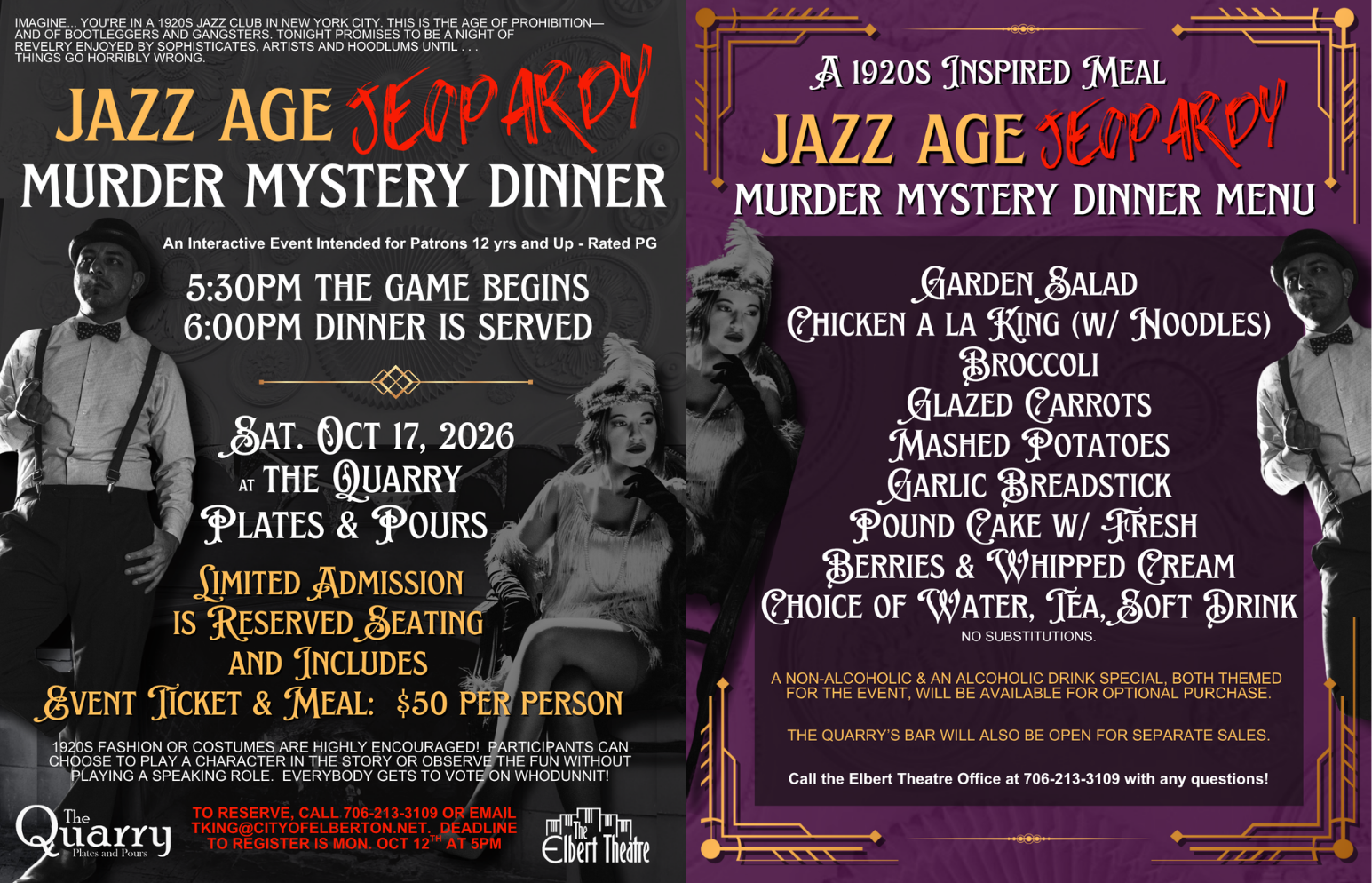 Event flyer for a 1920s-themed Jazz Age Jeopardy Murder Mystery Dinner on October 17, 2026, at The Quarry near the Elbert Theatre, featuring event details on the left and a dinner menu on the right.