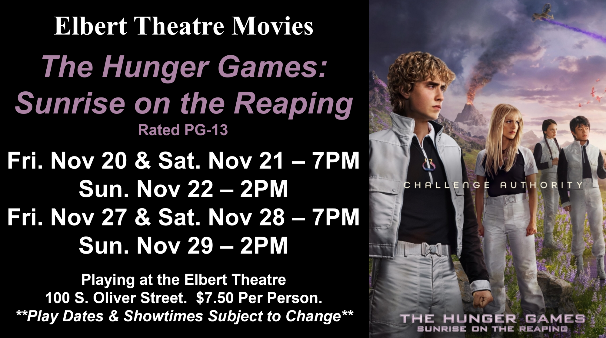Movie poster and showtimes for “The Hunger Games: Sunrise on the Reaping” at the Elbert Theatre, playing weekends from November 20–29.