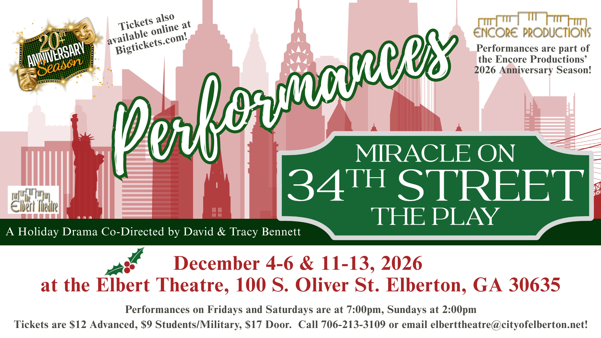 Poster for a production of “Miracle on 34th Street” at the Elbert Theatre, running December 4–6 and 11–13, 2026, with details on ticket prices, location, and showtimes.