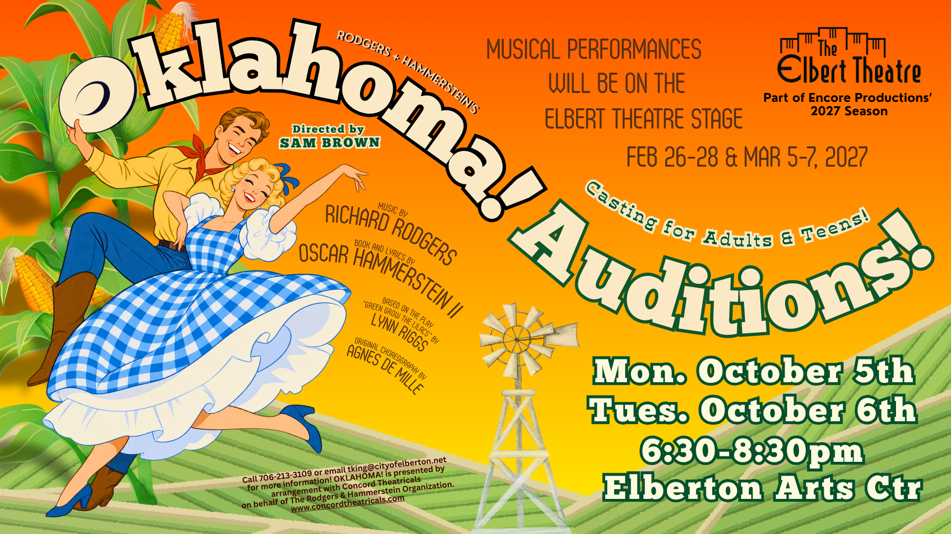Audition poster for a production of Oklahoma! at the Elbert Theatre, featuring a dancing couple and listing audition dates on October 5th and 6th, 2027.