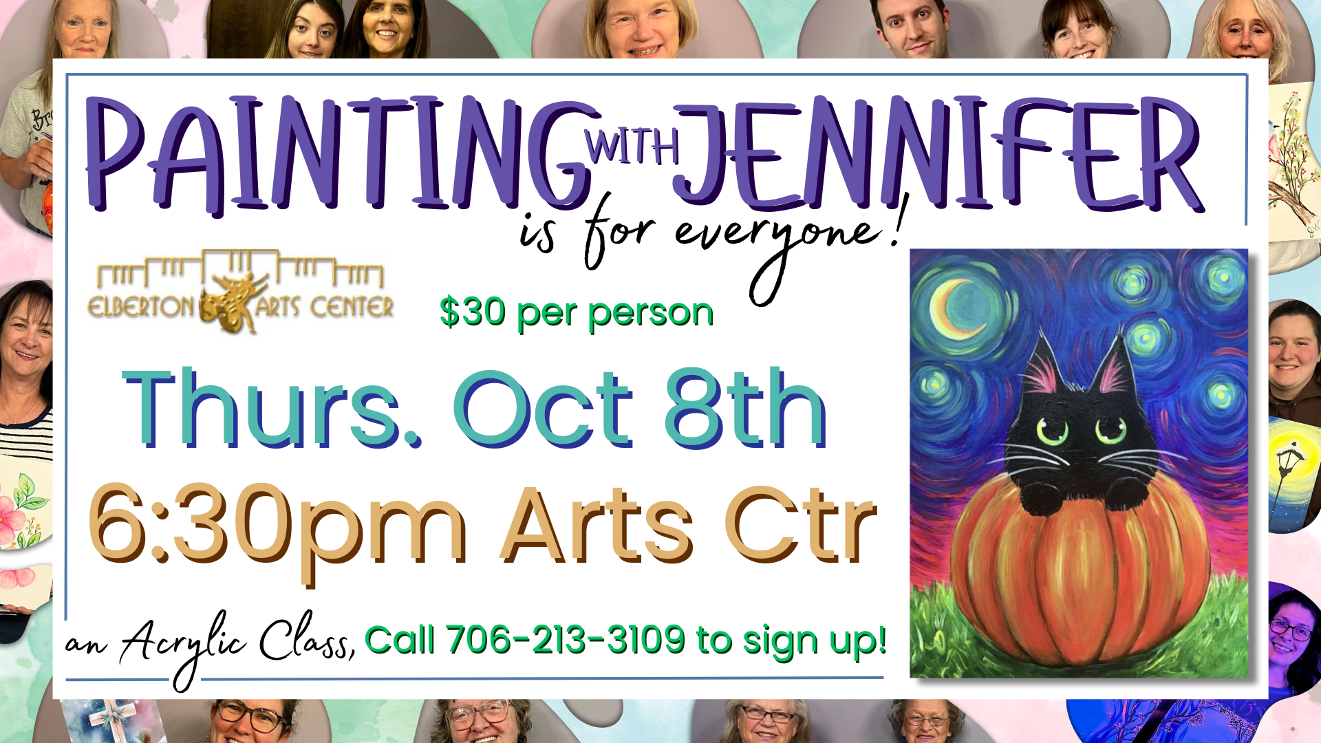 Acrylic painting class with Jennifer at the Elberton Arts Center near the Elbert Theatre on Thursday, October 8th at 6:30pm. The $30 session features a painting of a black cat on a pumpkin. Call 706-213-3109 to sign up.