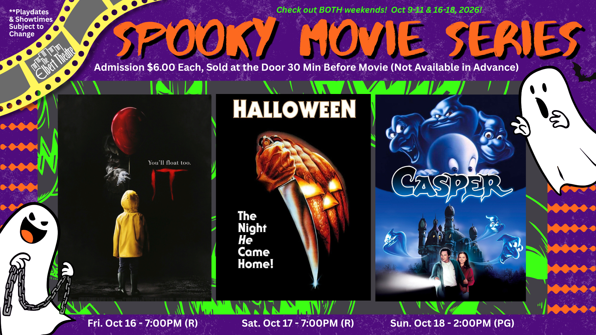 Poster for the Elbert Theatre Spooky Movie Series featuring films It, Halloween, and Casper, with event dates, times, and admission information.